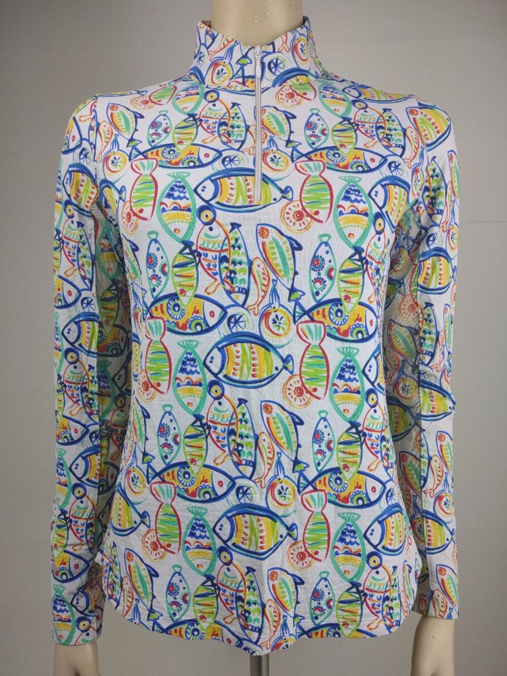 IBKUL white colorful fish print 1/4 zip mesh sleeve athletic top womens Small